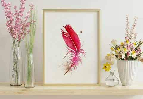 Image of a feather watercolor painting by Shayna Larsen, originals & prints available
