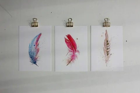 Image of a feather watercolor painting by Shayna Larsen, originals & prints available