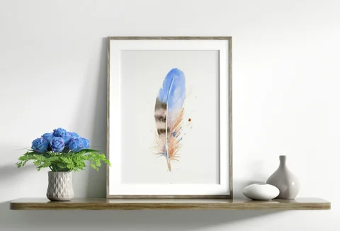 Image of a feather watercolor painting by Shayna Larsen, originals & prints available