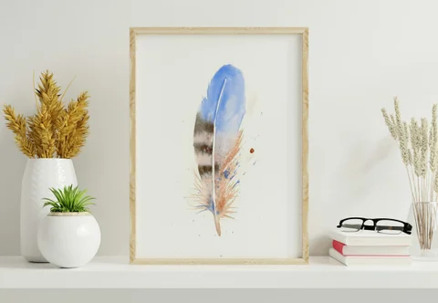 Image of a feather watercolor painting by Shayna Larsen, originals & prints available