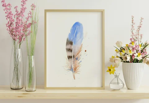 Image of a feather watercolor painting by Shayna Larsen, originals & prints available