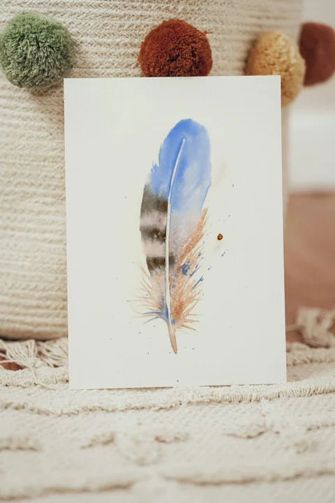 Image of a feather watercolor painting by Shayna Larsen, originals & prints available