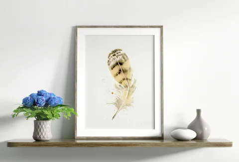 Image of a feather watercolor painting by Shayna Larsen, originals & prints available