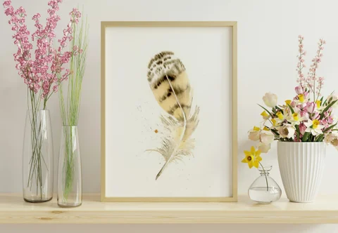 Image of a feather watercolor painting by Shayna Larsen, originals & prints available