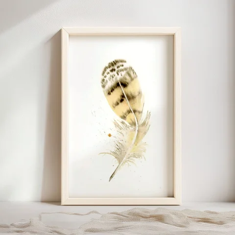 Image of a feather watercolor painting by Shayna Larsen, originals & prints available