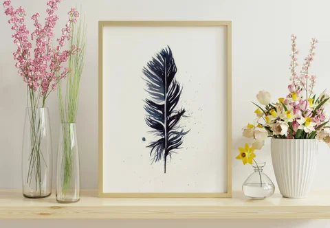 Image of a feather watercolor painting by Shayna Larsen, originals & prints available