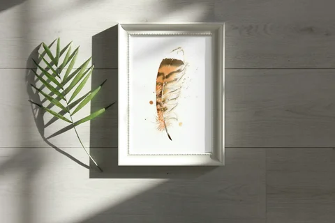 Image of a feather watercolor painting by Shayna Larsen, originals & prints available
