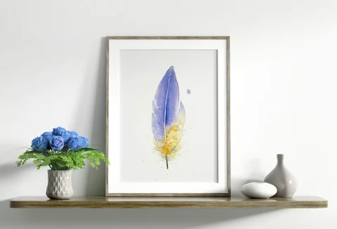 Image of a feather watercolor painting by Shayna Larsen, originals & prints available