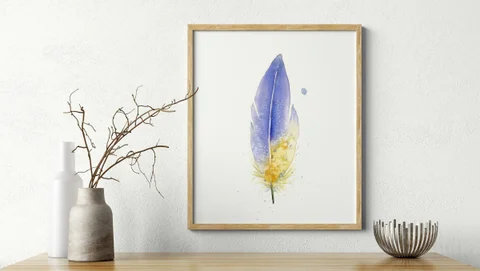 Image of a feather watercolor painting by Shayna Larsen, originals & prints available