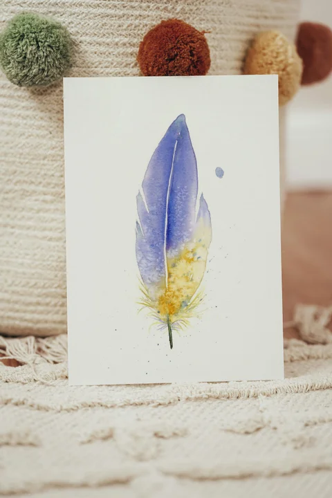 Image of a feather watercolor painting by Shayna Larsen, originals & prints available