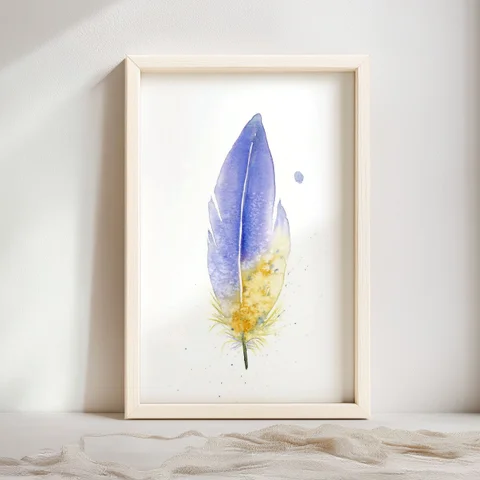 Image of a feather watercolor painting by Shayna Larsen, originals & prints available