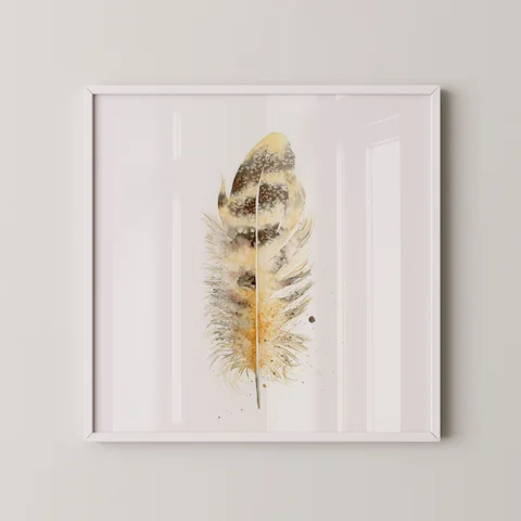 Image of a feather watercolor painting by Shayna Larsen, originals & prints available