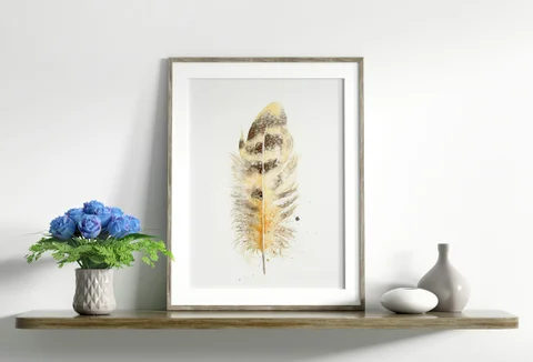 Image of a feather watercolor painting by Shayna Larsen, originals & prints available