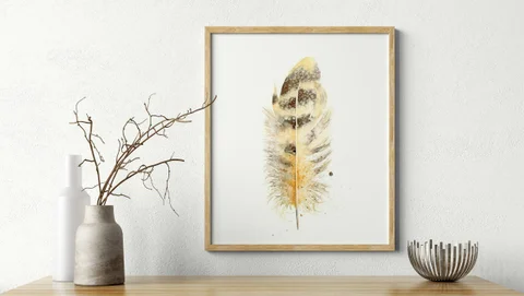 Image of a feather watercolor painting by Shayna Larsen, originals & prints available