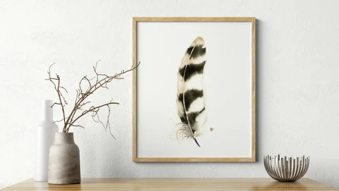 Image of a feather watercolor painting by Shayna Larsen, originals & prints available