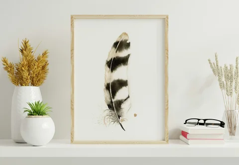 Image of a feather watercolor painting by Shayna Larsen, originals & prints available