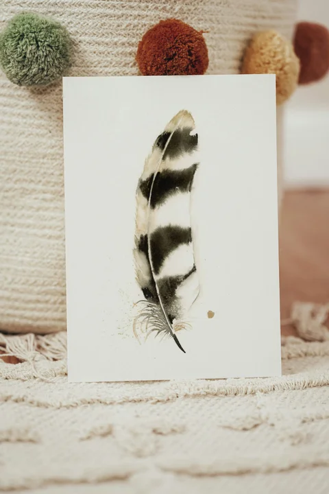 Image of a feather watercolor painting by Shayna Larsen, originals & prints available