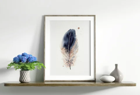 Image of a feather watercolor painting by Shayna Larsen, originals & prints available
