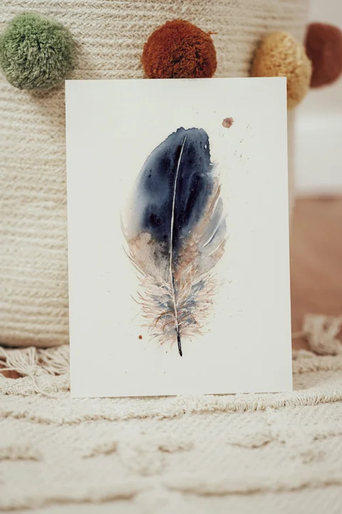 Image of a feather watercolor painting by Shayna Larsen, originals & prints available