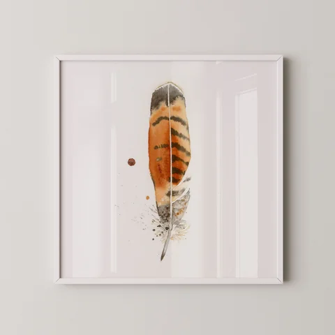 Image of a feather watercolor painting by Shayna Larsen, originals & prints available