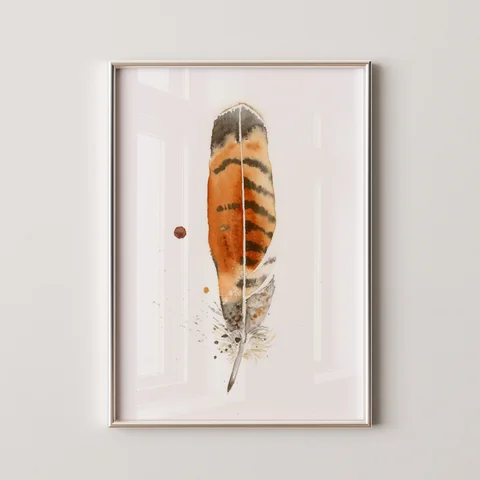 Image of a feather watercolor painting by Shayna Larsen, originals & prints available