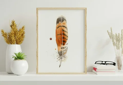Image of a feather watercolor painting by Shayna Larsen, originals & prints available