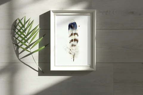 Image of a feather watercolor painting by Shayna Larsen, originals & prints available
