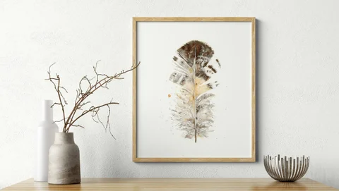 Image of a feather watercolor painting by Shayna Larsen, originals & prints available