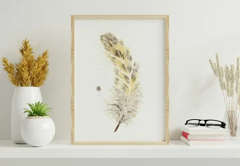 Image of a feather watercolor painting by Shayna Larsen, originals & prints available