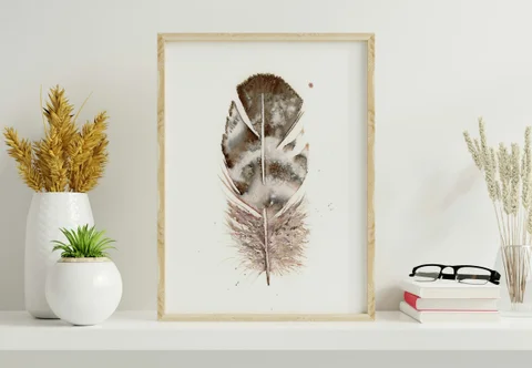 Image of a feather watercolor painting by Shayna Larsen, originals & prints available