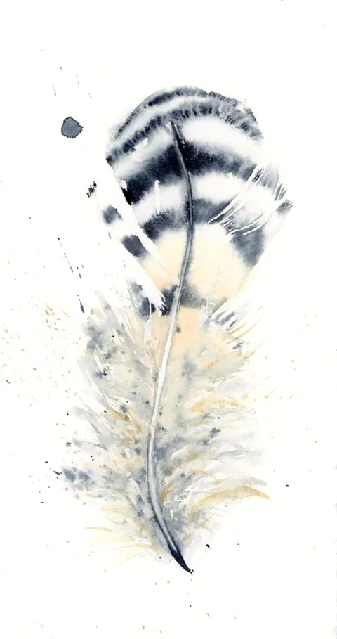 Image of a feather watercolor painting by Shayna Larsen, originals & prints available