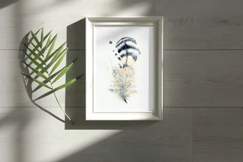 Image of a feather watercolor painting by Shayna Larsen, originals & prints available