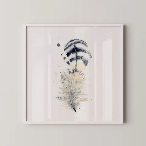 Image of a feather watercolor painting by Shayna Larsen, originals & prints available