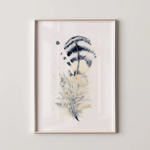 Image of a feather watercolor painting by Shayna Larsen, originals & prints available
