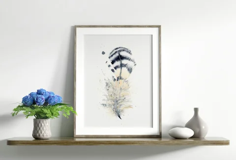 Image of a feather watercolor painting by Shayna Larsen, originals & prints available