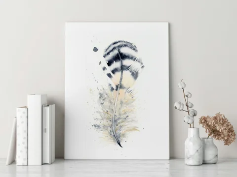 Image of a feather watercolor painting by Shayna Larsen, originals & prints available