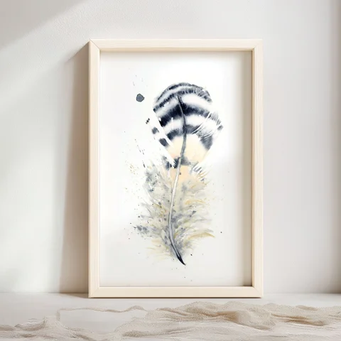 Image of a feather watercolor painting by Shayna Larsen, originals & prints available