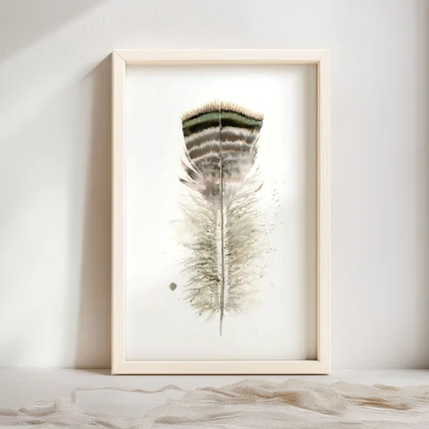 Image of a feather watercolor painting by Shayna Larsen, originals & prints available