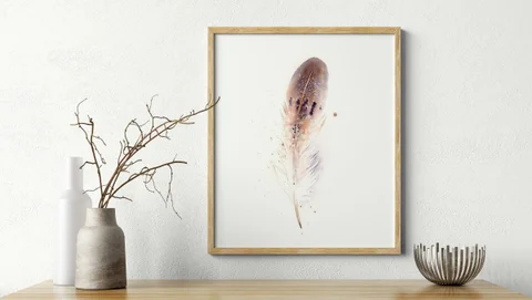 Image of a feather watercolor painting by Shayna Larsen, originals & prints available