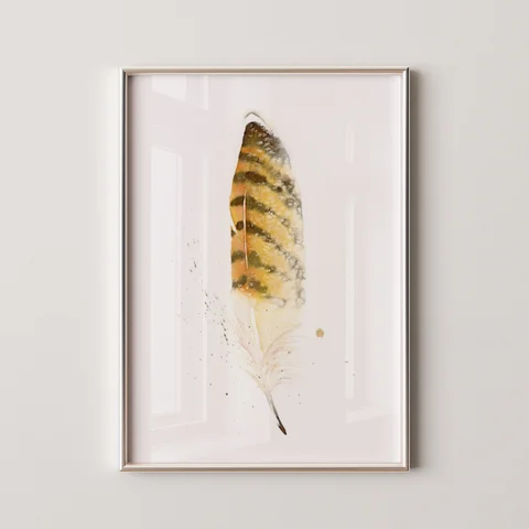 Image of a feather watercolor painting by Shayna Larsen, originals & prints available