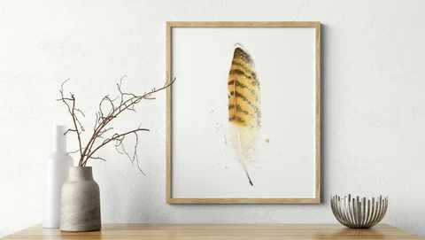Image of a feather watercolor painting by Shayna Larsen, originals & prints available