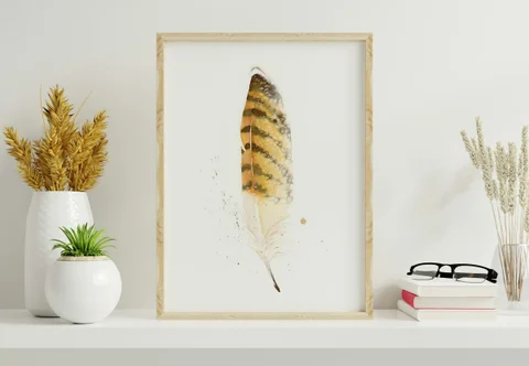 Image of a feather watercolor painting by Shayna Larsen, originals & prints available