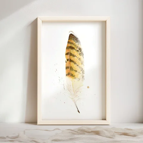 Image of a feather watercolor painting by Shayna Larsen, originals & prints available