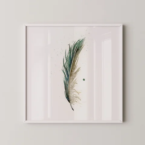 Image of a feather watercolor painting by Shayna Larsen, originals & prints available