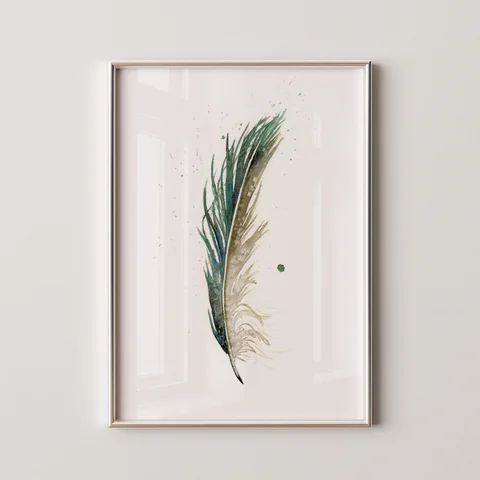 Image of a feather watercolor painting by Shayna Larsen, originals & prints available