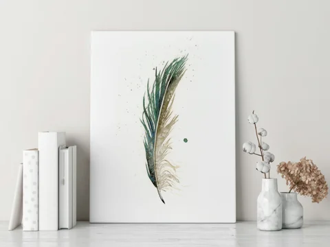 Image of a feather watercolor painting by Shayna Larsen, originals & prints available