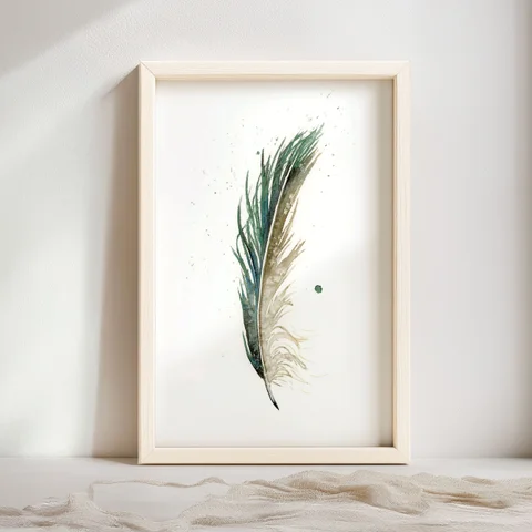 Image of a feather watercolor painting by Shayna Larsen, originals & prints available