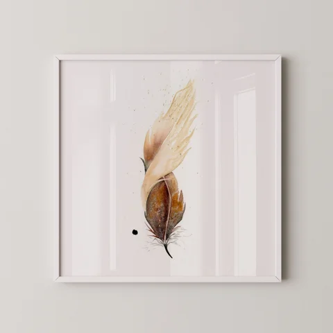 Image of a feather watercolor painting by Shayna Larsen, originals & prints available