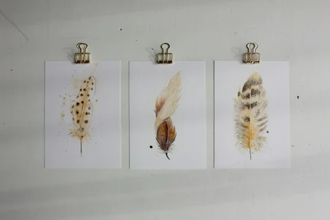 Image of a feather watercolor painting by Shayna Larsen, originals & prints available