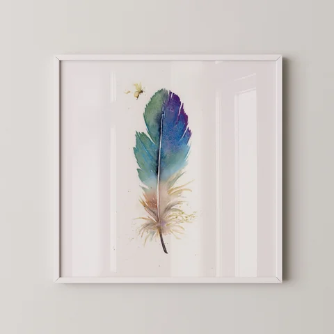 Image of a feather watercolor painting by Shayna Larsen, originals & prints available